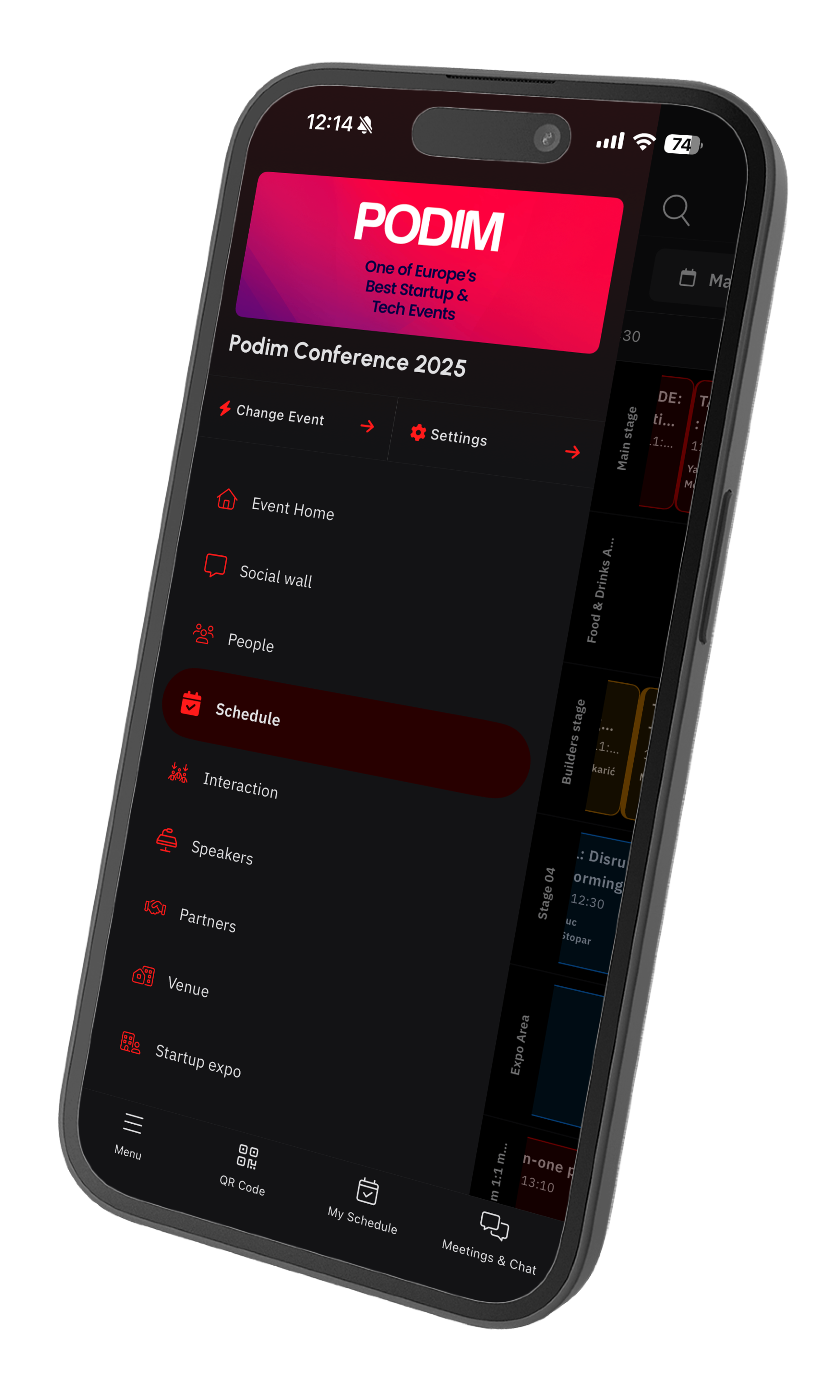 Podim app mockup showing navigation menu and event home screen.